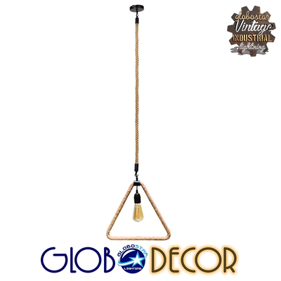 GloboStar® MALVERN 10001238 Vintage Κρεμαστό Φωτιστικό Ανάρτηση Μονόφωτο 1 x E27 IP20 Μαύρο Μέταλλο με Μπεζ Σχοινί - Μ37 x Π22 x Υ34cm