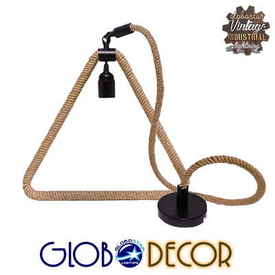 GloboStar® MALVERN 10001238 Vintage Κρεμαστό Φωτιστικό Ανάρτηση Μονόφωτο 1 x E27 IP20 Μαύρο Μέταλλο με Μπεζ Σχοινί - Μ37 x Π22 x Υ34cm