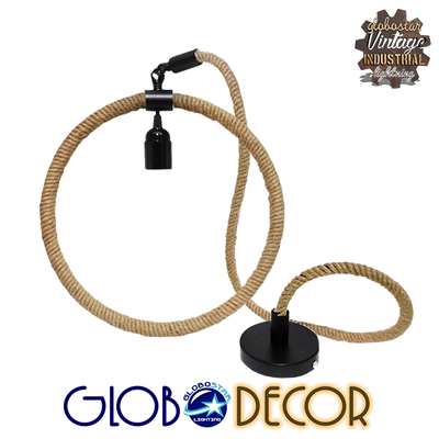 GloboStar® MALVERN 10001239 Vintage Κρεμαστό Φωτιστικό Ανάρτηση Μονόφωτο 1 x E27 IP20 Μαύρο Μέταλλο με Μπεζ Σχοινί - Μ34 x Π22 x Υ34cm