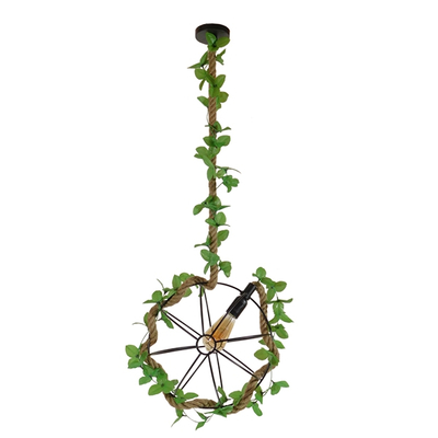 GloboStar® BRADLEY 10001329 Vintage Κρεμαστό Φωτιστικό Πλέγμα Μονόφωτο 1 x E27 IP20 Μπεζ Σχοινί, Πράσινο Πλαστικό με Μαύρο Μέταλλο - Μ42 x Π42 x Υ42cm