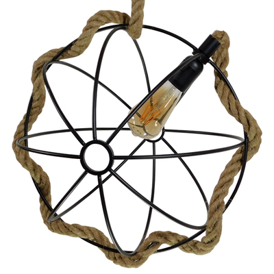 GloboStar® BRADLEY 10001329 Vintage Κρεμαστό Φωτιστικό Πλέγμα Μονόφωτο 1 x E27 IP20 Μπεζ Σχοινί, Πράσινο Πλαστικό με Μαύρο Μέταλλο - Μ42 x Π42 x Υ42cm