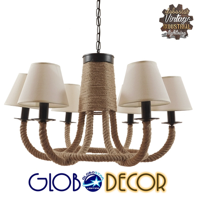 GloboStar® VERONE 10001020 Vintage Κρεμαστό Φωτιστικό Πλέγμα Πολύφωτο 6 x E14 IP20 Μπεζ Ύφασμα με Μπεζ Σχοινί - Μ65 x Π65 x Υ45cm