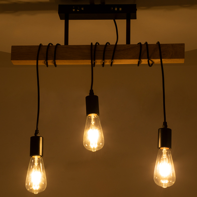 GloboStar® JOLLY 00605 Vintage Κρεμαστό Φωτιστικό Ανάρτηση Τρίφωτο 3 x E27 IP20 Μαύρο Μέταλλο, Καφε Ξύλο με Μαύρο Πλαστικό - Μ55 x Π6 x Υ30cm έως Y115cm max
