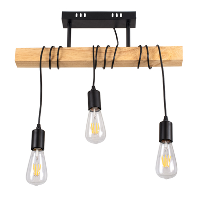 GloboStar® JOLLY 00605 Vintage Κρεμαστό Φωτιστικό Ανάρτηση Τρίφωτο 3 x E27 IP20 Μαύρο Μέταλλο, Καφε Ξύλο με Μαύρο Πλαστικό - Μ55 x Π6 x Υ30cm έως Y115cm max