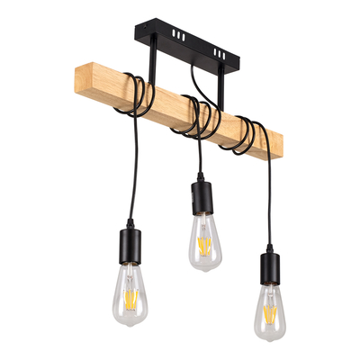 GloboStar® JOLLY 00605 Vintage Κρεμαστό Φωτιστικό Ανάρτηση Τρίφωτο 3 x E27 IP20 Μαύρο Μέταλλο, Καφε Ξύλο με Μαύρο Πλαστικό - Μ55 x Π6 x Υ30cm έως Y115cm max