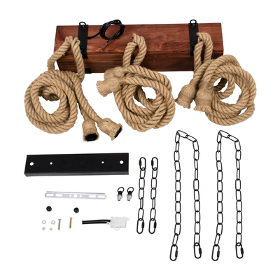 GloboStar® VIKING 00606 Vintage Κρεμαστό Φωτιστικό Ανάρτηση Πολύφωτο 6 x E27 IP20 Μαύρο Μέταλλο, Καφε Ξύλο με Μπεζ Σχοινί - Μ53 x Π11 x Υ96cm έως Y220cm max