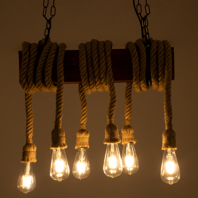 GloboStar® VIKING 00606 Vintage Κρεμαστό Φωτιστικό Ανάρτηση Πολύφωτο 6 x E27 IP20 Μαύρο Μέταλλο, Καφε Ξύλο με Μπεζ Σχοινί - Μ53 x Π11 x Υ96cm έως Y220cm max