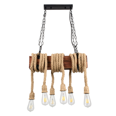 GloboStar® VIKING 00606 Vintage Κρεμαστό Φωτιστικό Ανάρτηση Πολύφωτο 6 x E27 IP20 Μαύρο Μέταλλο, Καφε Ξύλο με Μπεζ Σχοινί - Μ53 x Π11 x Υ96cm έως Y220cm max