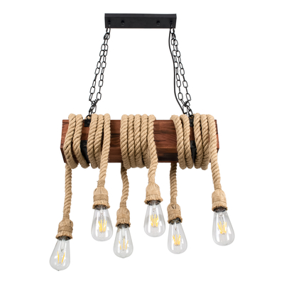 GloboStar® VIKING 00606 Vintage Κρεμαστό Φωτιστικό Ανάρτηση Πολύφωτο 6 x E27 IP20 Μαύρο Μέταλλο, Καφε Ξύλο με Μπεζ Σχοινί - Μ53 x Π11 x Υ96cm έως Y220cm max