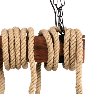 GloboStar® VIKING 00606 Vintage Κρεμαστό Φωτιστικό Ανάρτηση Πολύφωτο 6 x E27 IP20 Μαύρο Μέταλλο, Καφε Ξύλο με Μπεζ Σχοινί - Μ53 x Π11 x Υ96cm έως Y220cm max