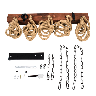 GloboStar® VIKING 00607 Vintage Κρεμαστό Φωτιστικό Ανάρτηση Πολύφωτο 10 x E27 Μαύρο Μέταλλο, Καφε Ξύλο με Μπεζ Σχοινί - Μ108 x Π11 x Υ96cm έως Y220cm max