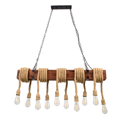 GloboStar® VIKING 00607 Vintage Κρεμαστό Φωτιστικό Ανάρτηση Πολύφωτο 10 x E27 Μαύρο Μέταλλο, Καφε Ξύλο με Μπεζ Σχοινί - Μ108 x Π11 x Υ96cm έως Y220cm max