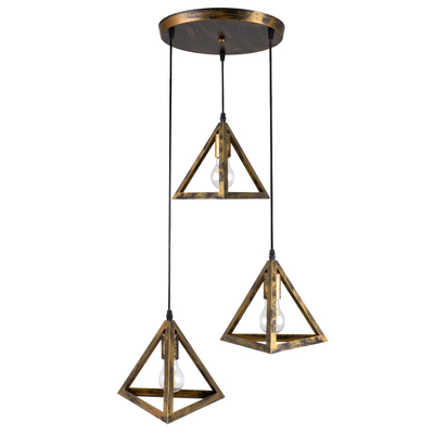 GloboStar® TRIANGLE 00619 Μοντέρνο Κρεμαστό Φωτιστικό Πλέγμα Τρίφωτο 3 x E27 IP20 Μπρούτζινο Μέταλλο - Μ49 x Π49 x Y130cm