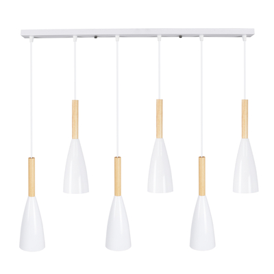 GloboStar® DILLON 00633 Μοντέρνο Κρεμαστό Φωτιστικό Ράγα Πολύφωτο 6 x E27 IP20 Λευκό Μέταλλο με Μπεζ Ξύλο - Μ84 x Π14 x Υ130cm