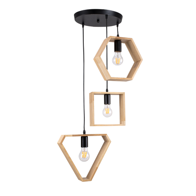 GloboStar® ELISE 00683 Μοντέρνο Κρεμαστό Φωτιστικό Ανάρτηση Τρίφωτο 3 x E27 IP20 Μπεζ Ξύλο με Μαύρο Μέταλλο - Μ55 x Π55 x Υ130cm