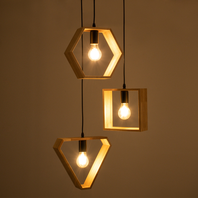 GloboStar® ELISE 00683 Μοντέρνο Κρεμαστό Φωτιστικό Ανάρτηση Τρίφωτο 3 x E27 IP20 Μπεζ Ξύλο με Μαύρο Μέταλλο - Μ55 x Π55 x Υ130cm