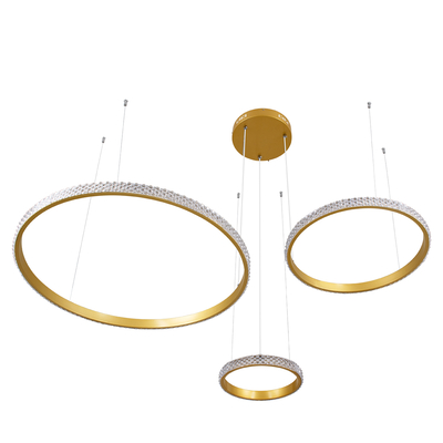 GloboStar® DIAMOND TRIO 61143 Κρεμαστό Φωτιστικό Δαχτυλίδι-Κύκλος LED CCT 100W 12123lm 360° AC 220-240V - Εναλλαγή Φωτισμού μέσω Τηλεχειριστηρίου All In One Ψυχρό 6000k+Φυσικό 4500k+Θερμό 2700k Dimmable Φ25+40+60cm - Χρυσό Βούρτσας - 3 Years Warranty