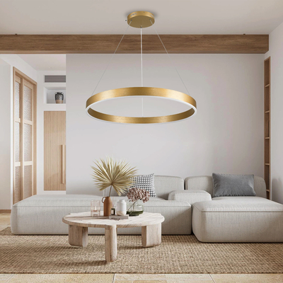 GloboStar® VENOM 61181 Κρεμαστό Φωτιστικό Δαχτυλίδι-Κύκλος LED CCT 67W 7863lm 120° AC 220-240V - Εναλλαγή Φωτισμού μέσω Τηλεχειριστηρίου All In One Ψυχρό 6000K+Φυσικό 4500K+Θερμό 2700K Dimmable Φ80cm - Χρυσό Βούρτσας - 3 Years Warranty