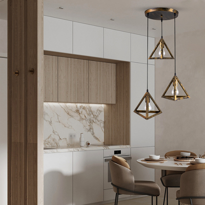 GloboStar® TRIANGLE 00619 Μοντέρνο Κρεμαστό Φωτιστικό Πλέγμα Τρίφωτο 3 x E27 IP20 Μπρούτζινο Μέταλλο - Μ49 x Π49 x Y130cm