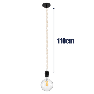 GloboStar® SHAQRA 36216 Μοντέρνο Κρεμαστό Φωτιστικό Μακραμέ Μονόφωτο 1 x E27 IP20 Μπεζ Ύφασμα - Μ4 x Π4 x Υ110cm