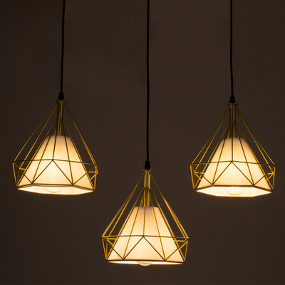 GloboStar® EIFFEL 61571 Vintage Κρεμαστό Φωτιστικό Ράγα Τρίφωτο 3 x E27 IP20 Χρυσό Μέταλλο με Λευκό Ύφασμα - Μ68 x Π25 x Υ130cm