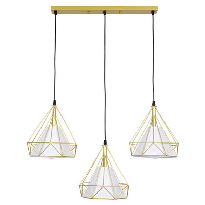 GloboStar® EIFFEL 61571 Vintage Κρεμαστό Φωτιστικό Ράγα Τρίφωτο 3 x E27 IP20 Χρυσό Μέταλλο με Λευκό Ύφασμα - Μ68 x Π25 x Υ130cm