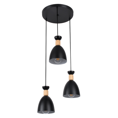 GloboStar® AVA 61572 Μοντέρνο Κρεμαστό Φωτιστικό Καμπάνα Τρίφωτο 3 x E27 IP20 Μαύρο Μέταλλο με Μπεζ Ξύλο - Μ35 x Π35 x Υ130cm