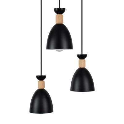 GloboStar® AVA 61572 Μοντέρνο Κρεμαστό Φωτιστικό Καμπάνα Τρίφωτο 3 x E27 IP20 Μαύρο Μέταλλο με Μπεζ Ξύλο - Μ35 x Π35 x Υ130cm
