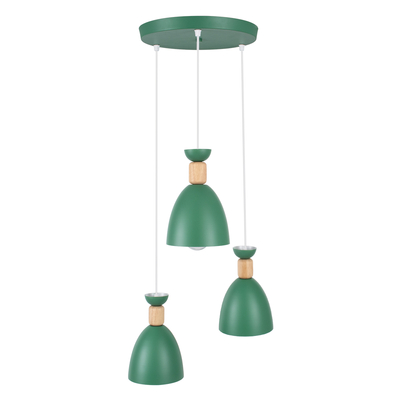 GloboStar® AVA 61575 Μοντέρνο Κρεμαστό Φωτιστικό Καμπάνα Τρίφωτο 3 x E27 IP20 Πράσινο Μέταλλο με Μπεζ Ξύλο - Μ35 x Π35 x Υ130cm