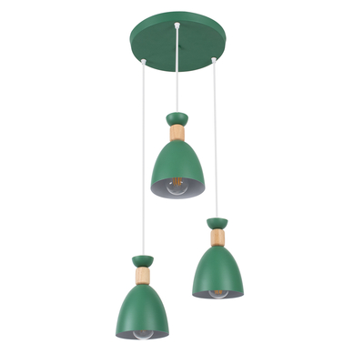 GloboStar® AVA 61575 Μοντέρνο Κρεμαστό Φωτιστικό Καμπάνα Τρίφωτο 3 x E27 IP20 Πράσινο Μέταλλο με Μπεζ Ξύλο - Μ35 x Π35 x Υ130cm