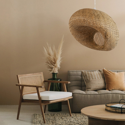 GloboStar® CARIBBEAN 01723 Boho Κρεμαστό Φωτιστικό Ανάρτηση Μονόφωτο 1 x E27 IP20 Μπεζ Ξύλο - Μ45 x Π45 x Υ24cm