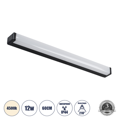 GloboStar® RENATA 60440 Μοντέρνο Φωτιστικό Τοίχου - Απλίκα Καθρέπτη Μπάνιου - Πίνακα LED 12W 1400lm 210° AC 220-240V IP44 Μ60 x Π4 x Υ5.5cm - Φυσικό Λευκό 4500K - Μαύρο - 3 Χρόνια Εγγύηση
