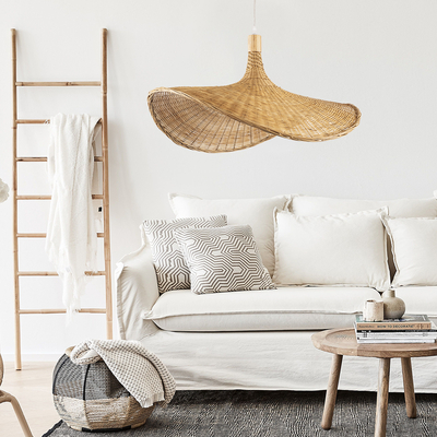 GloboStar® CUBA 01717 Boho Κρεμαστό Φωτιστικό Ανάρτηση Μονόφωτο 1 x E27 IP20 Μπεζ Ξύλο - Μ43 x Π43 x Y30cm