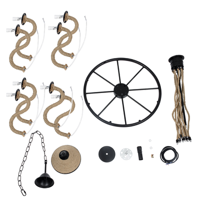 GloboStar® PENNSYLVANIA 00542 Vintage Κρεμαστό Φωτιστικό Ανάρτηση Πολύφωτο 8 x E14 IP20 Μαύρο Μέταλλο με Μπεζ Σχοινί - Μ64 x Π64 x Υ63cm