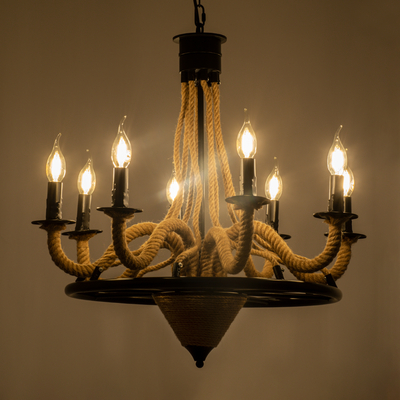 GloboStar® PENNSYLVANIA 00542 Vintage Κρεμαστό Φωτιστικό Ανάρτηση Πολύφωτο 8 x E14 IP20 Μαύρο Μέταλλο με Μπεζ Σχοινί - Μ64 x Π64 x Υ63cm