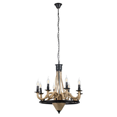 GloboStar® PENNSYLVANIA 00542 Vintage Κρεμαστό Φωτιστικό Ανάρτηση Πολύφωτο 8 x E14 IP20 Μαύρο Μέταλλο με Μπεζ Σχοινί - Μ64 x Π64 x Υ63cm