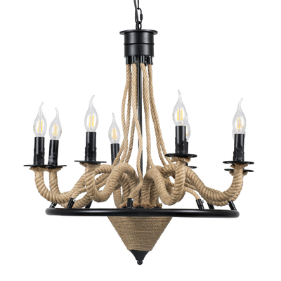 GloboStar® PENNSYLVANIA 00542 Vintage Κρεμαστό Φωτιστικό Ανάρτηση Πολύφωτο 8 x E14 IP20 Μαύρο Μέταλλο με Μπεζ Σχοινί - Μ64 x Π64 x Υ63cm