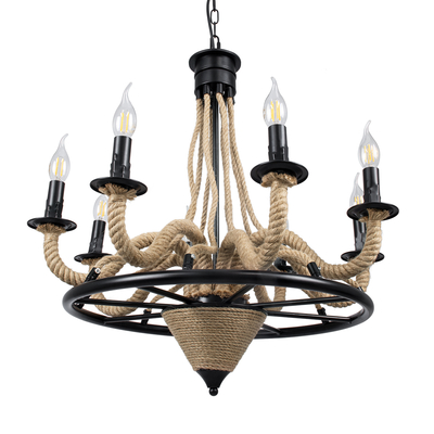 GloboStar® PENNSYLVANIA 00542 Vintage Κρεμαστό Φωτιστικό Ανάρτηση Πολύφωτο 8 x E14 IP20 Μαύρο Μέταλλο με Μπεζ Σχοινί - Μ64 x Π64 x Υ63cm