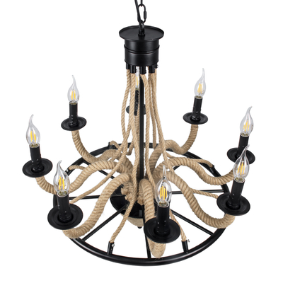 GloboStar® PENNSYLVANIA 00542 Vintage Κρεμαστό Φωτιστικό Ανάρτηση Πολύφωτο 8 x E14 IP20 Μαύρο Μέταλλο με Μπεζ Σχοινί - Μ64 x Π64 x Υ63cm