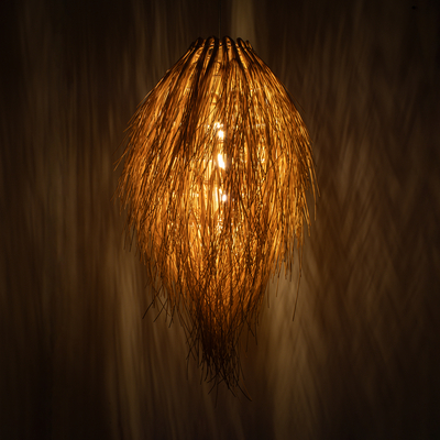 GloboStar® ARCHIPELAGO 01747 Boho Κρεμαστό Φωτιστικό Πλέγμα Μονόφωτο 1 x E27 IP20 Μπεζ Ξύλο - Μ30 x Π30 x Υ63cm