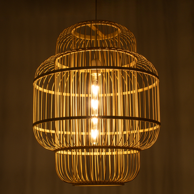 GloboStar® HIBISCUS 01763 Boho Κρεμαστό Φωτιστικό Πλέγμα Μονόφωτο 1 x E27 IP20 Μπεζ Ξύλο - Μ48 x Π48 x Y60cm