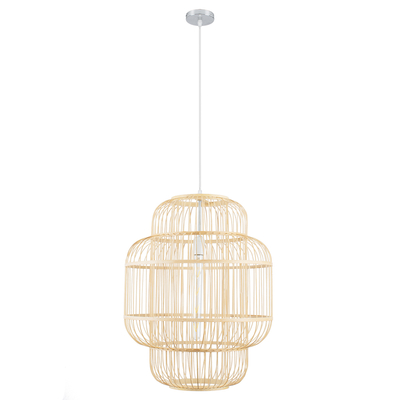 GloboStar® HIBISCUS 01763 Boho Κρεμαστό Φωτιστικό Πλέγμα Μονόφωτο 1 x E27 IP20 Μπεζ Ξύλο - Μ48 x Π48 x Y60cm