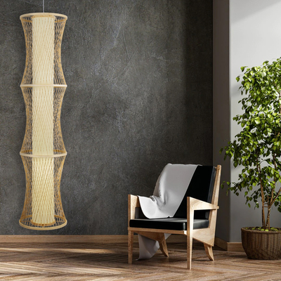 GloboStar® HIBISCUS 01783 Boho Κρεμαστό Φωτιστικό Πλέγμα Μονόφωτο 1 x E27 IP20 Μπεζ Ξύλο - Μ35 x Π35 x Υ150cm