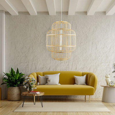 GloboStar® HIBISCUS 01763 Boho Κρεμαστό Φωτιστικό Πλέγμα Μονόφωτο 1 x E27 IP20 Μπεζ Ξύλο - Μ48 x Π48 x Y60cm