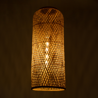 GloboStar® CALERO 01711 Boho Κρεμαστό Φωτιστικό Πλέγμα Μονόφωτο 1 x E27 IP20 Μπεζ Ξύλο - Μ30 x Π30 x Υ70cm