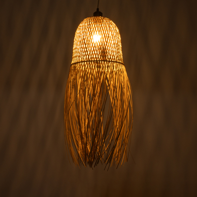 GloboStar® MANILA 01713 Boho Κρεμαστό Φωτιστικό Πλέγμα Μονόφωτο 1 x E27 IP20 Μπεζ Ξύλο - Μ25 x Π25 x Υ60cm