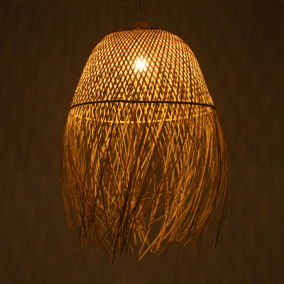 GloboStar® MANILA 01714 Boho Κρεμαστό Φωτιστικό Πλέγμα Μονόφωτο 1 x E27 IP20 Μπεζ Ξύλο - Μ45 x Π45 x Υ60cm