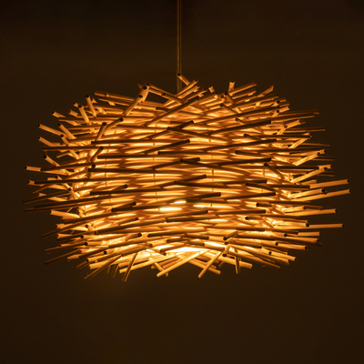 GloboStar® MINORCA 01729 Boho Κρεμαστό Φωτιστικό Ανάρτηση Μονόφωτο 1 x E27 IP20 Μπεζ Ξύλο - Μ30 x Π30 x Υ18cm