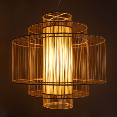 GloboStar® HIBISCUS 01780 Boho Κρεμαστό Φωτιστικό Πλέγμα Μονόφωτο 1 x E27 IP20 Μπεζ Ξύλο - Μ100 x Π100 x Y100cm