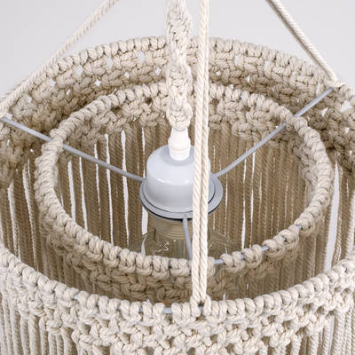 GloboStar® ZAMBIA 36208 Boho Κρεμαστό Φωτιστικό Μακραμέ Μονόφωτο 1 x E27 IP20 Μπεζ Ύφασμα - Μ30 x Π30 x Υ60cm